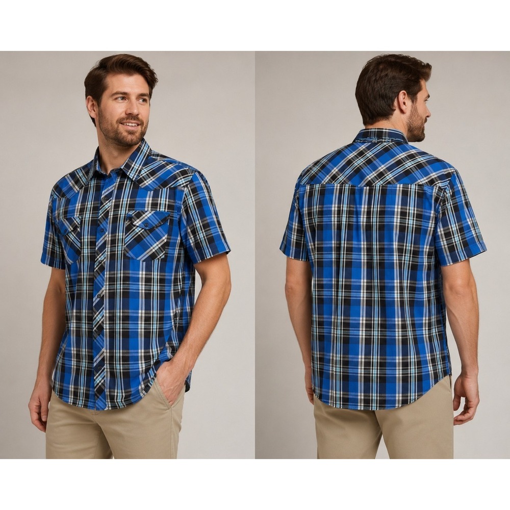 Hawk Blue Black Plaid Western Snap Front Short Sleeve Shirt Men's Large